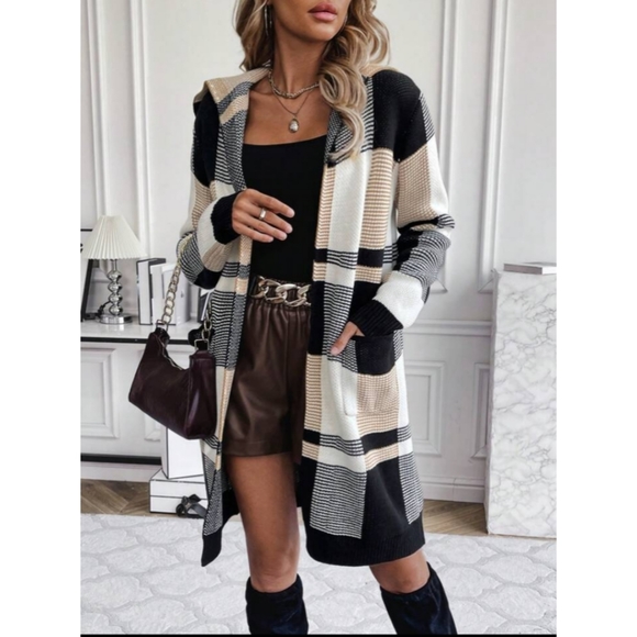 SHEIN Privé Women's Plaid Double Pockets Cardigan With Open Front - Picture 2 of 16